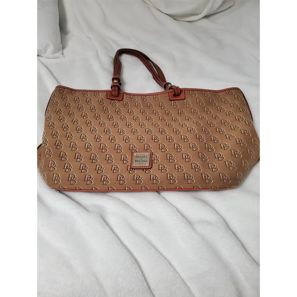 Dooney & Bourke Monogram Jacquard Canvas Tote Bag Tan Leather Trim Brown